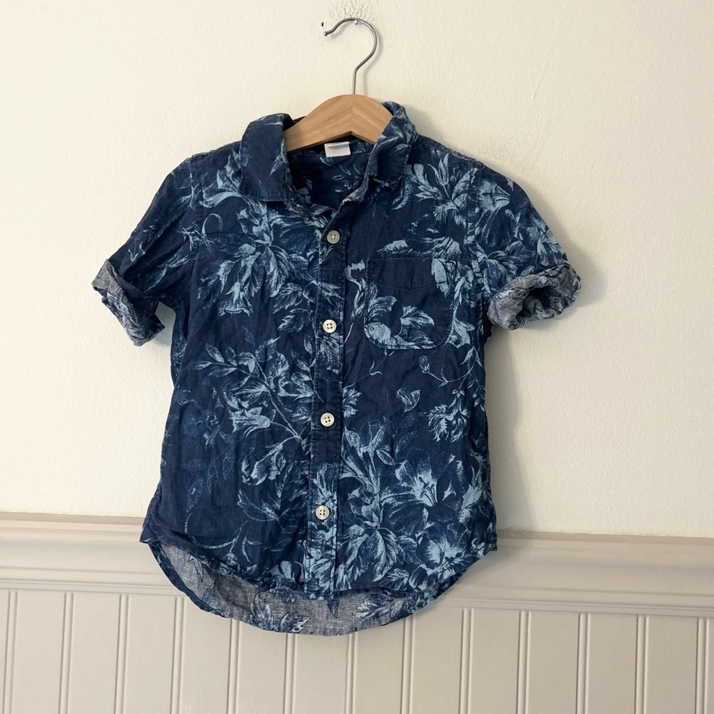 GAP Boys 3T Linen Cotton Blue Floral Short-Sleeve Button-Down Shirt